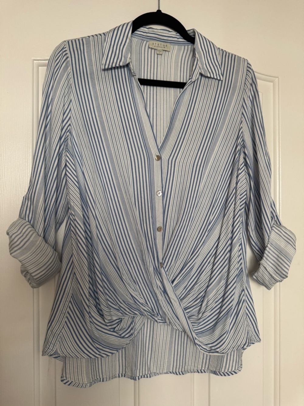 Chenault Blue and White Striped Wrap-Front Blouse